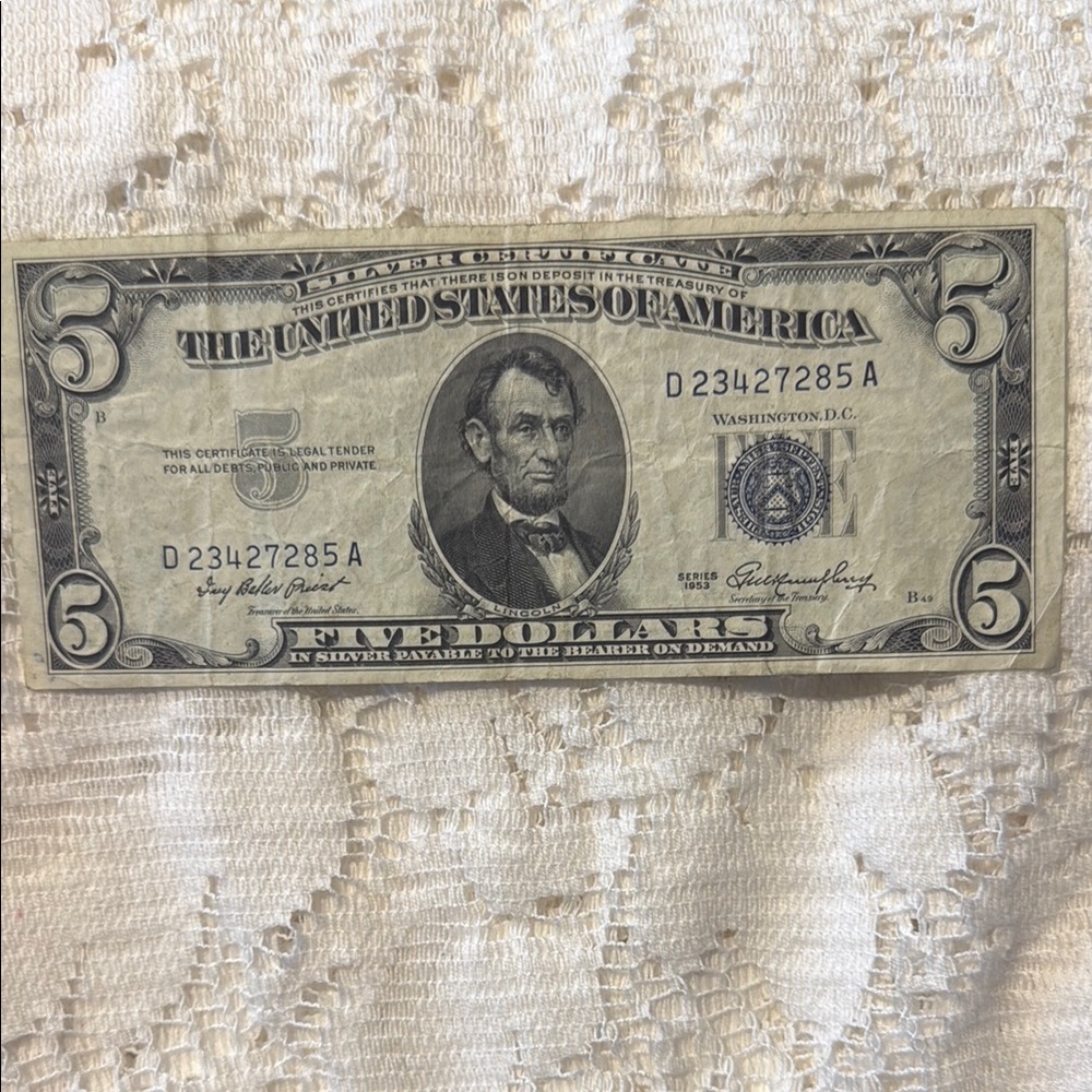 Vintage US Five Dollar Bill - 1953 Silver Certificate